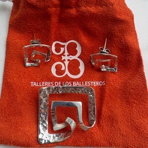 Mexican style, Handmade Hammered Silver 925 Geometric Pendant & Earrings Set